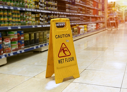 caution wet floor sign placed to prevent slip and fall injuries