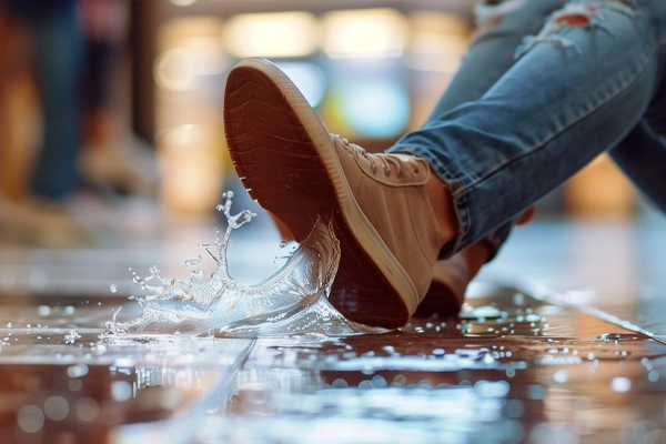 worker slipping and falling on water spill